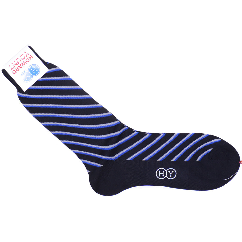 Double Stripe Cotton Calf Socks - Navy