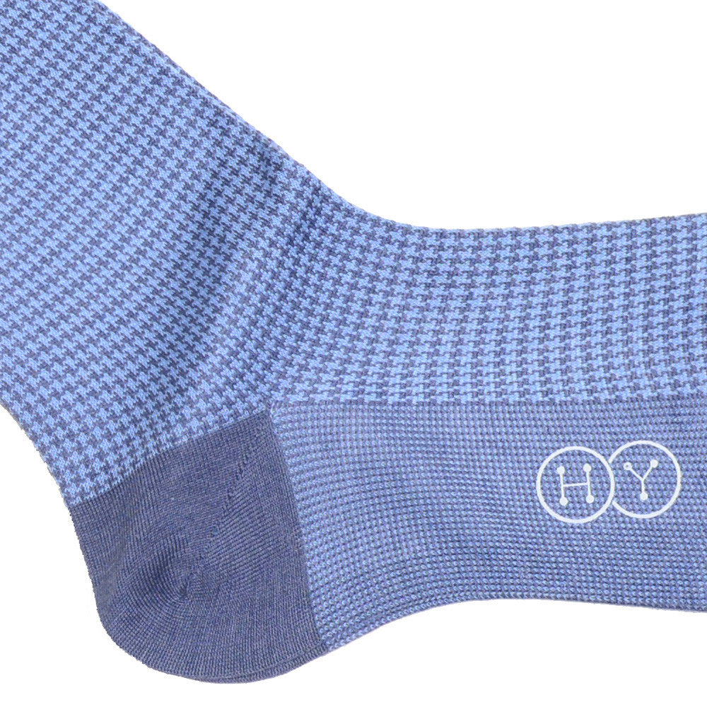Houndstooth Cotton Calf Socks - Light Blue