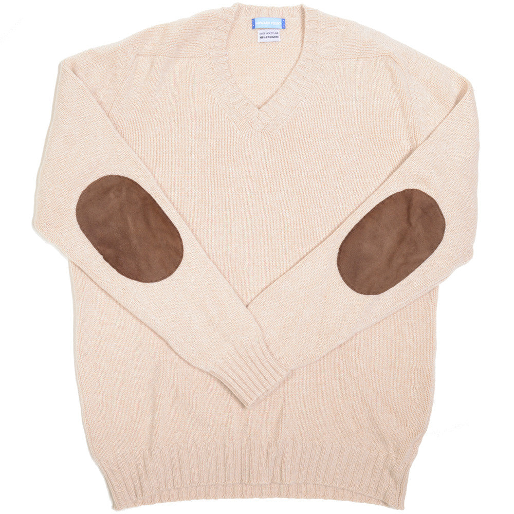 Cashmere V-Neck with Suede Patches - Oatmeal