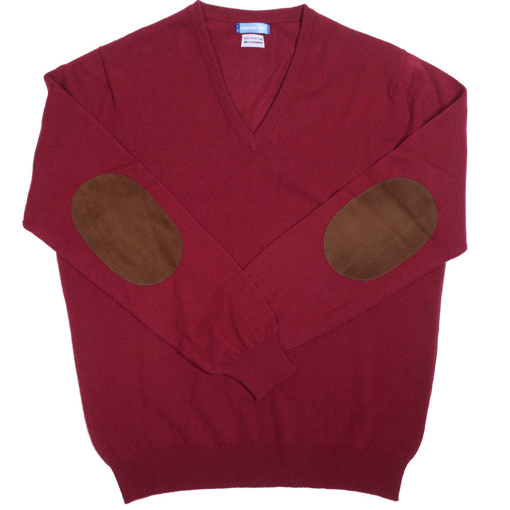 Cashmere V-Neck with Suede Patches - Burgundy - S