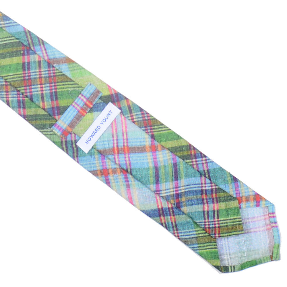 Madras Linen Tie - Green, Light Blue, Pink