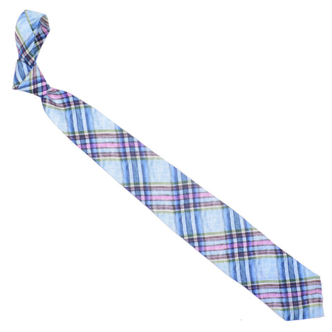 Madras Linen Tie - Light Blue, Pink, Green