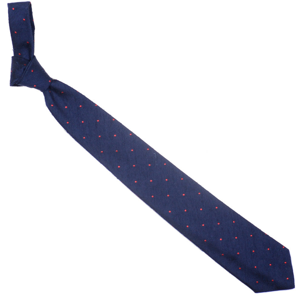 Raw Silk Tie - Navy with Red Dots