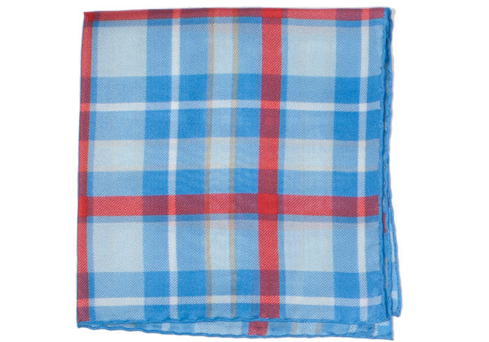 Plaid Silk Pocket Square - Blue and Red