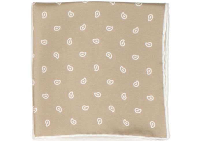 Silk White Paisley Pocket Square - Tan