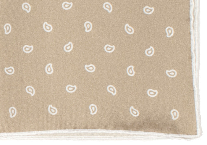 Silk White Paisley Pocket Square - Tan