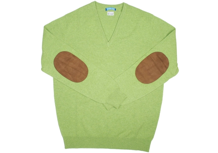 Green Cashmere V-Neck with Suede Patches